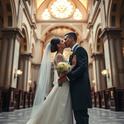 BR: Fotografia de um casamento com os noivos se beijando em frente a uma igreja histórica em São Paulo