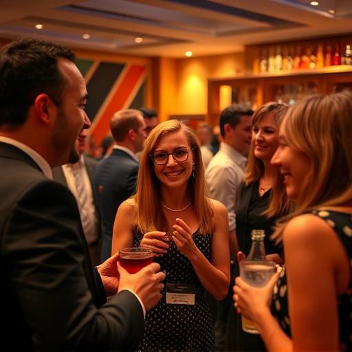 BR: Fotografia de um evento corporativo com pessoas interagindo e rindo em um coquetel em São Paulo.