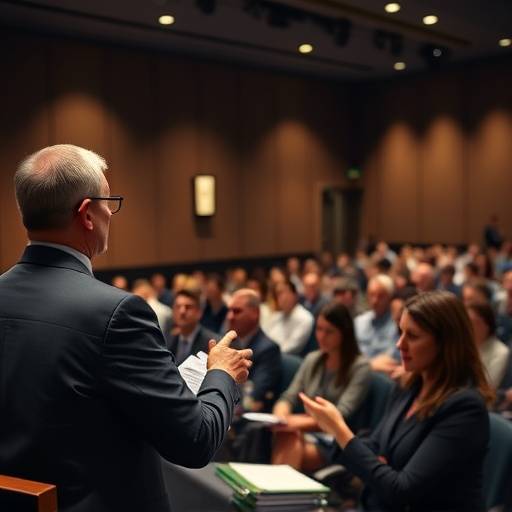 BR: Fotografia de um palestrante em um evento corporativo, com o püblico atento e tomando notas em um auditório.