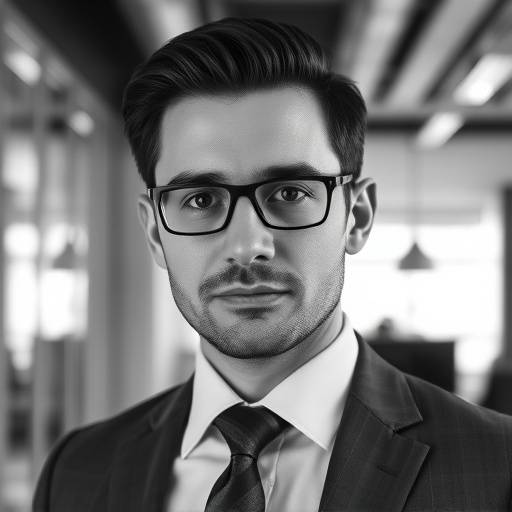 BR: Retrato em preto e branco de um homem de negócios com um olhar sério e profissional em um escritório moderno.