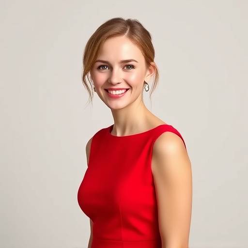 BR: Retrato profissional de uma mulher sorrindo com um vestido vermelho em um estüdio com fundo neutro.