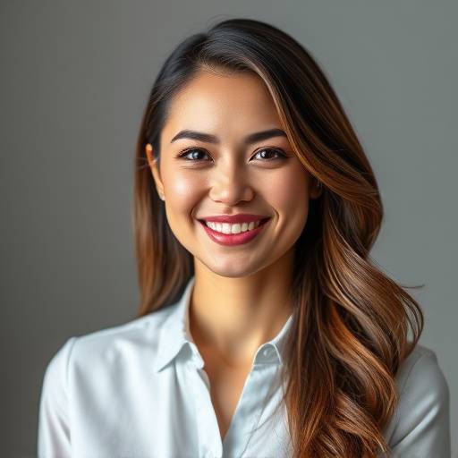 BR: Retrato profissional de uma mulher sorrindo em um estüdio com iluminaäão suave